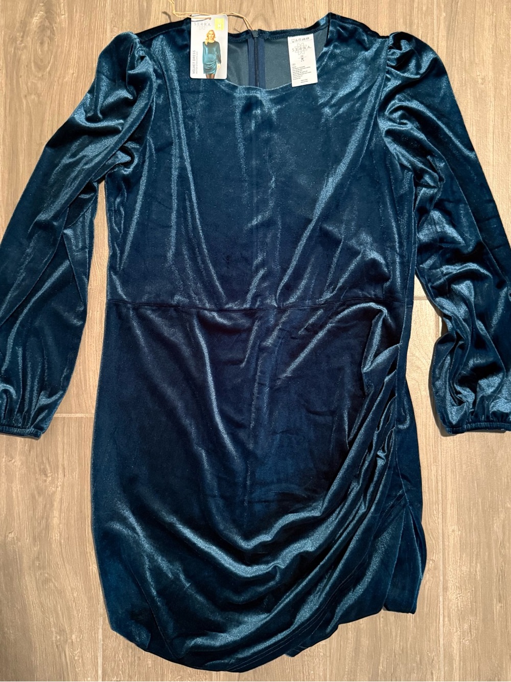 Teal Velvet Long-Sleeve Ruched Dress, Y2K, Party, Romantic, Sz M, Bodycon, 70s